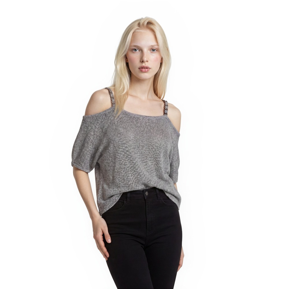 Boston Proper Metallic Sweater‎ Top Women's Size L/XL Silver Cold Shoulder Y2K